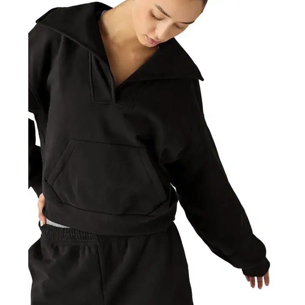Beyond Yoga Street Smart Johnny Collar Fleece Sweater M Black Crop Preppy